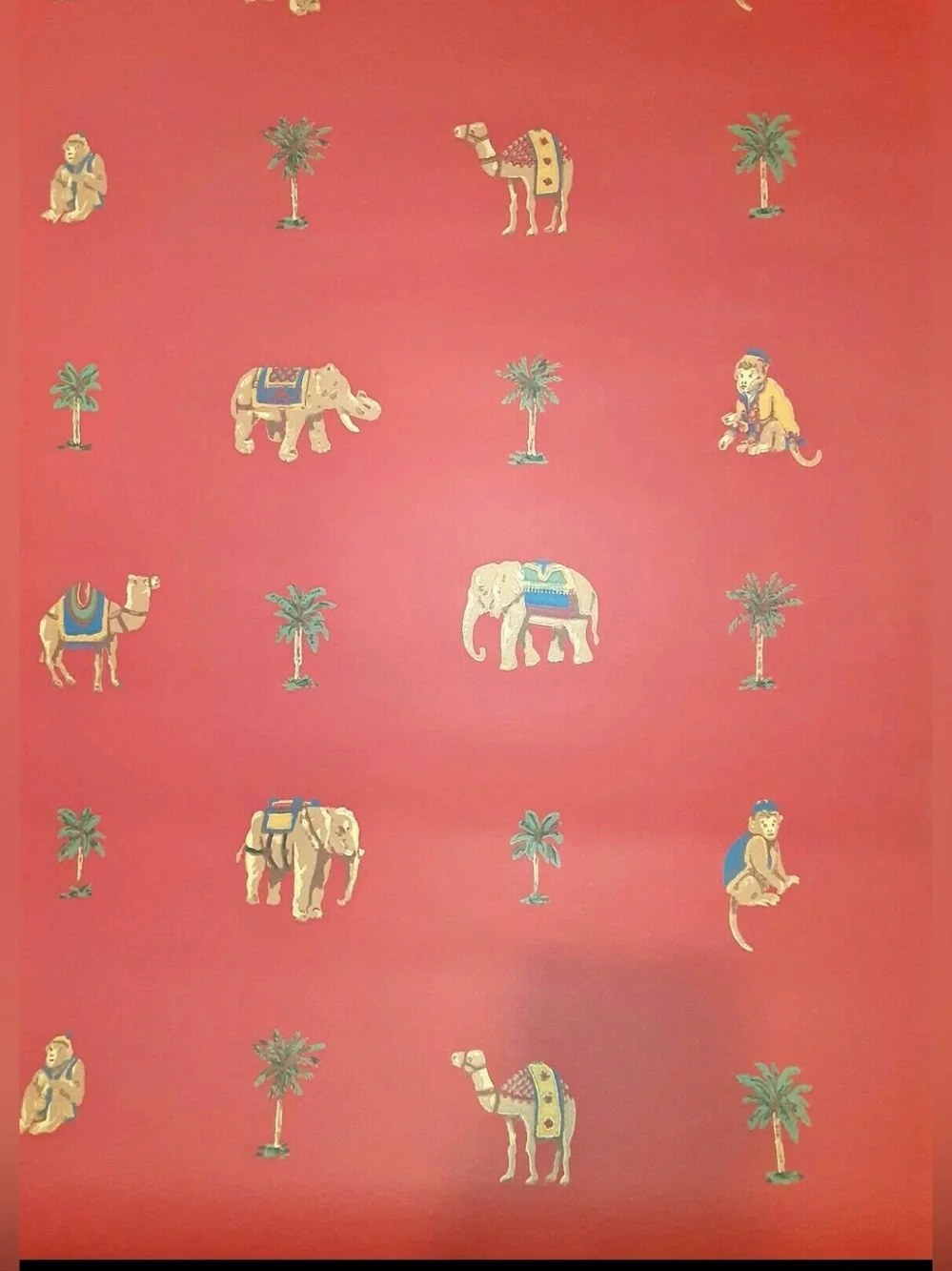 Vintage Set of Two Rolls Thibaut Red Wallpaper Monkeys Elephants Camels T6435